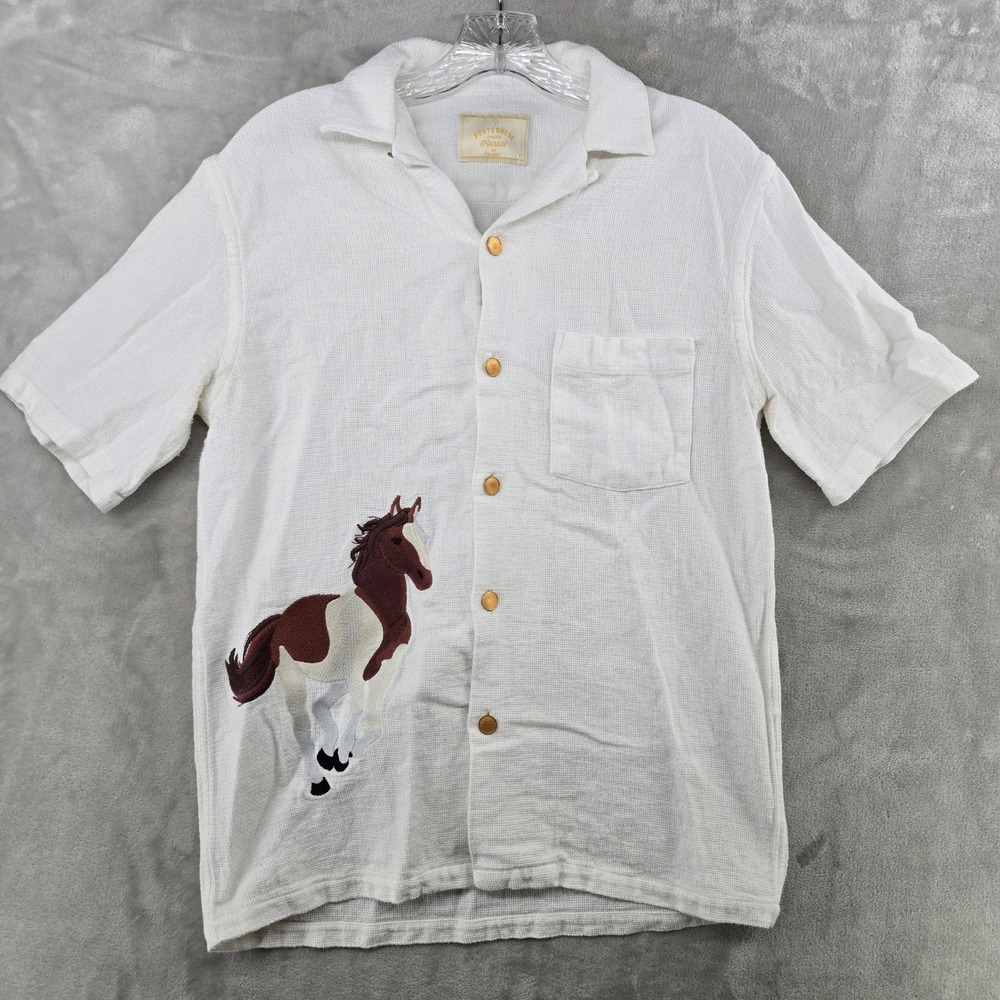 Portuguese Flannel Shirt Mens Small White Horse Embroidered Short Sleeve Button